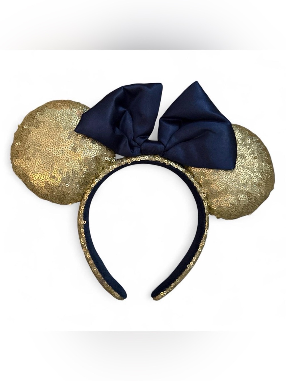 Disney Gold Sequin Mouse Ears Headband with Navy Bow